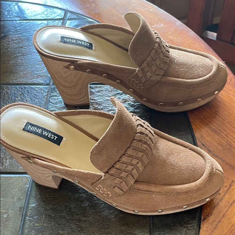 Nine West Brown Suede Mules with Wooden Platform